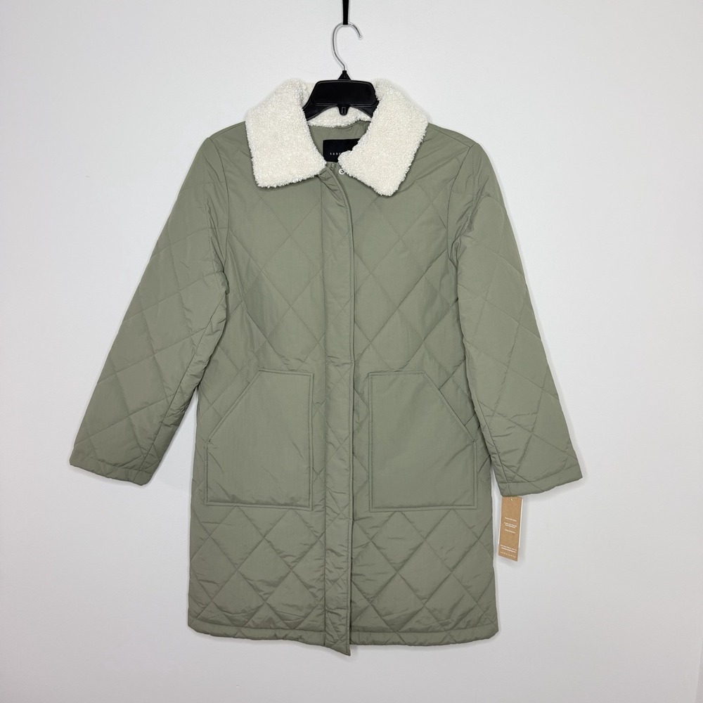 Sanctuary Women's Medium Sage Quilted Long Coat Detachable Faux Fur Collar